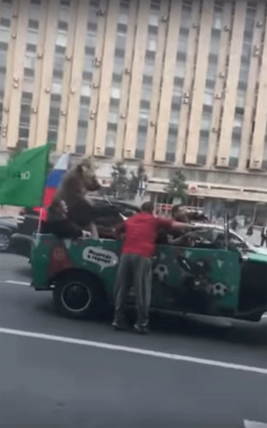 В первый день ЧМ-2018 медведь с вувузелой ездил на кабриолете по центру Москвы